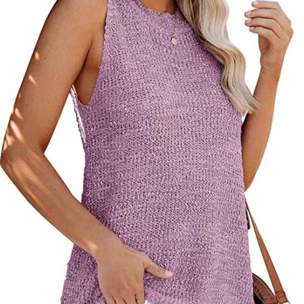Lavender Lilac New Crochet Knit Tank Sweater Sleeveless Ribbon Tie‎ Back Size S